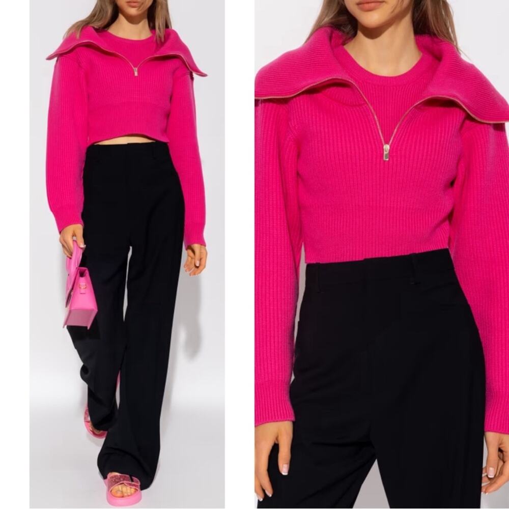 JACQUEMUS Le Maille Risoul Cropped Zipper Front Turtleneck Pink Sweater Size XS